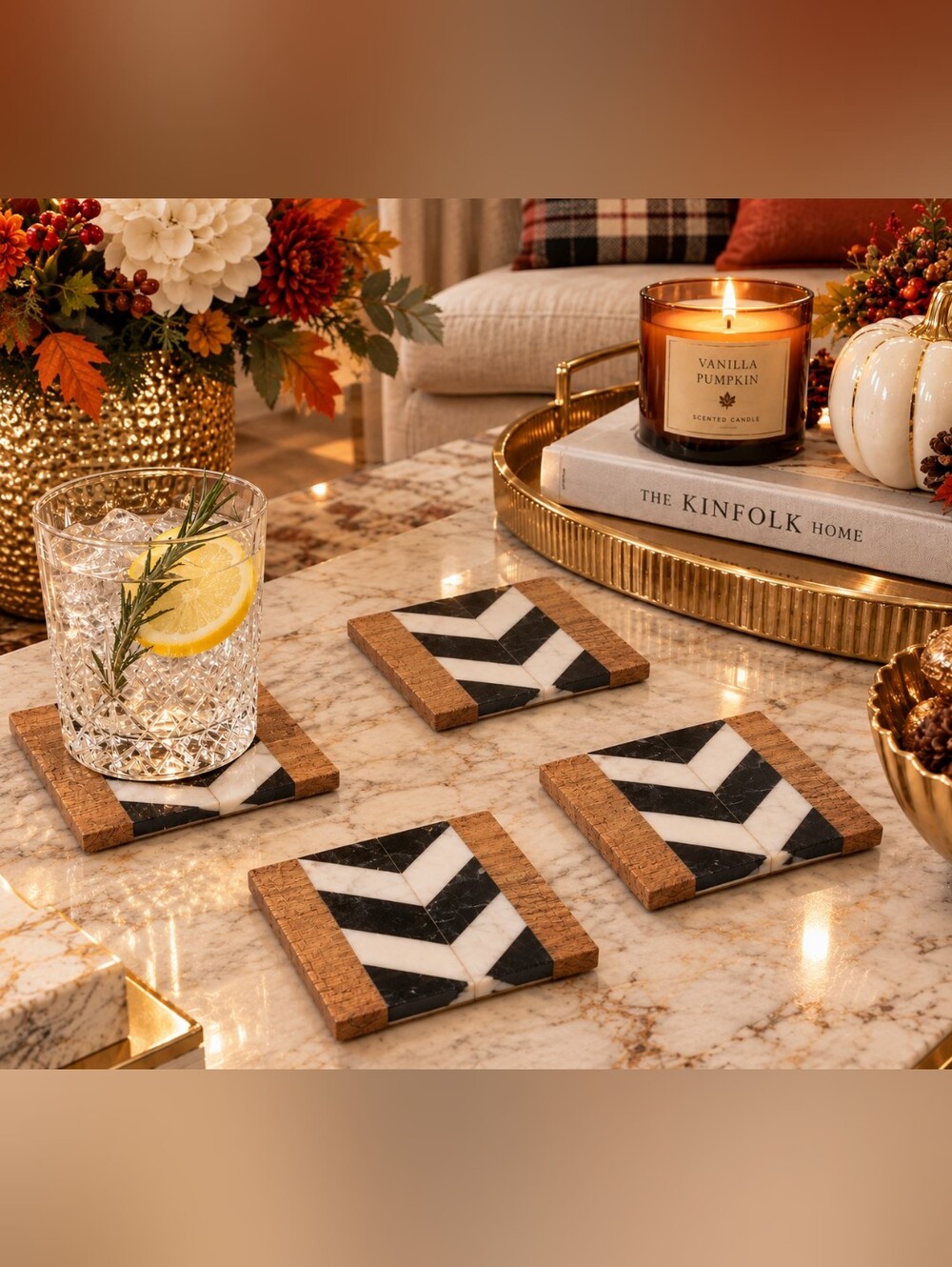 Wooden Chevron Cork Coasters - Black & White